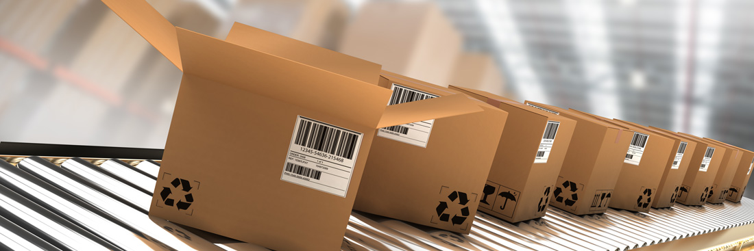 mobile barcode implementation in warehouse - boxes on conveyor belt 