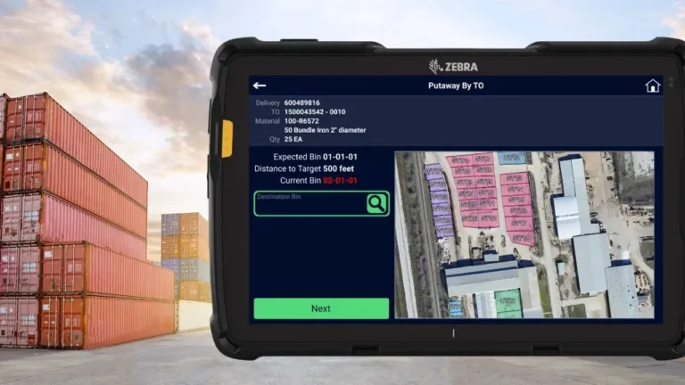 Tablet running RFgen 6.0 software with a visual yard map and real-time bin tracking for putaway tasks