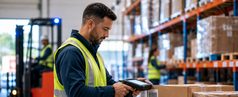 Warehouse worker uses a mobile barcode scanner in a distribution facility.