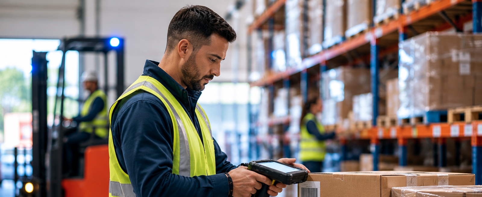 Warehouse worker uses a mobile barcode scanner in a distribution facility.