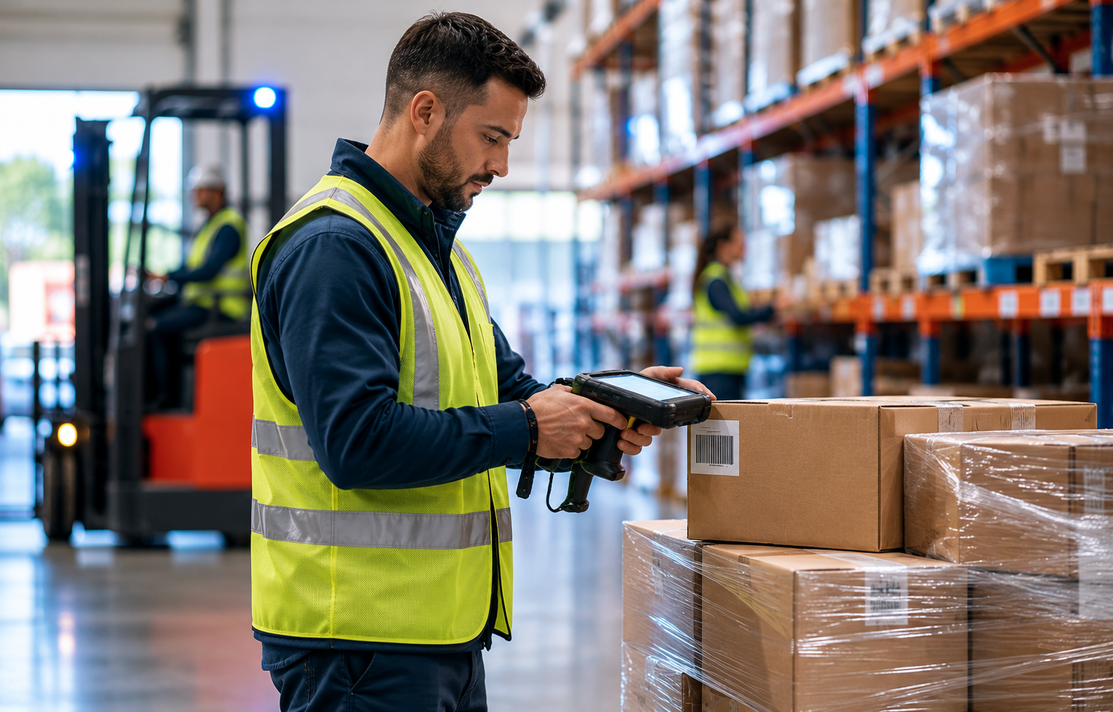 Warehouse worker uses a mobile barcode scanner in a distribution facility.