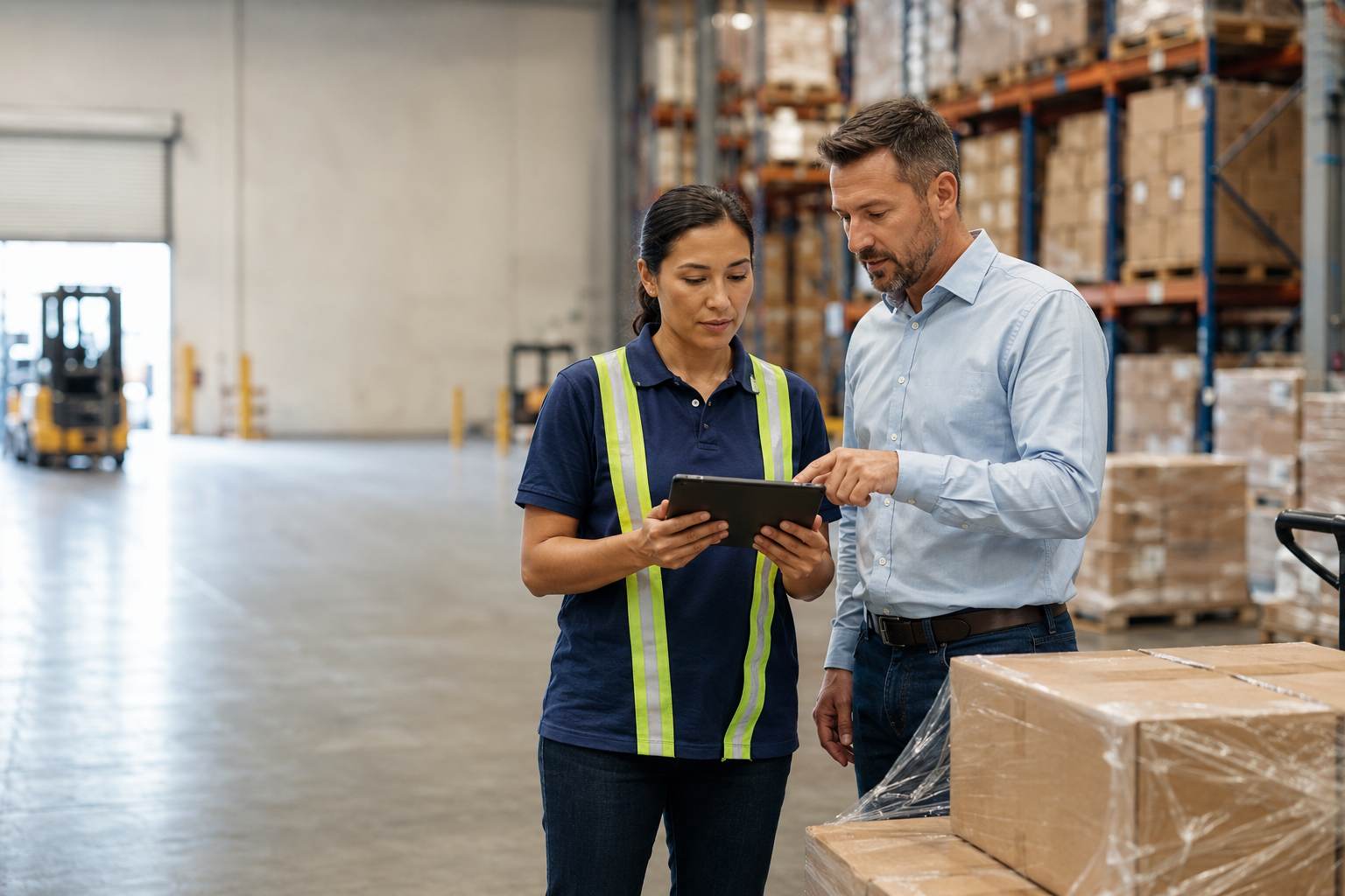 Warehouse workers standing together reviewing inventory on a tablet