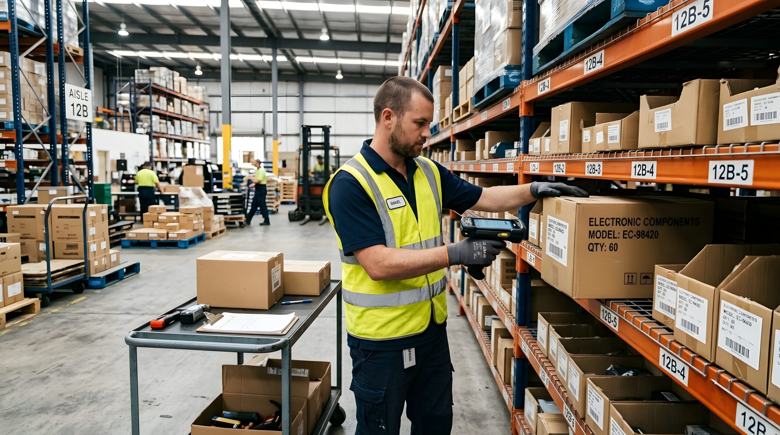 Warehouse employee using a handheld barcode scanner to capture inventory data.